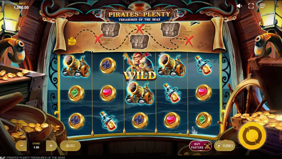 Pemandangan kapal bajak laut dalam slot Pirates’ Plenty: Treasures of the Seas