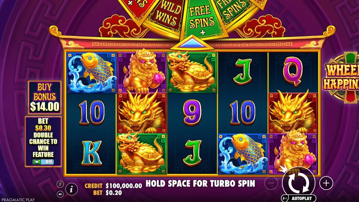 Wheel of Happiness slot machine interface with golden dragon symbols